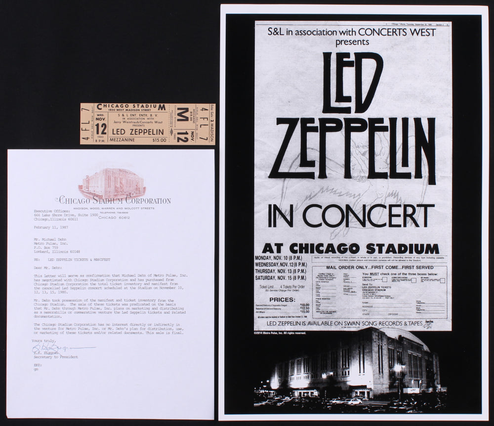 Lot of (2) Led Zeppelin Items with (1) Unused 1980 Concert Ticket and (1) 11x17 Concert Poster